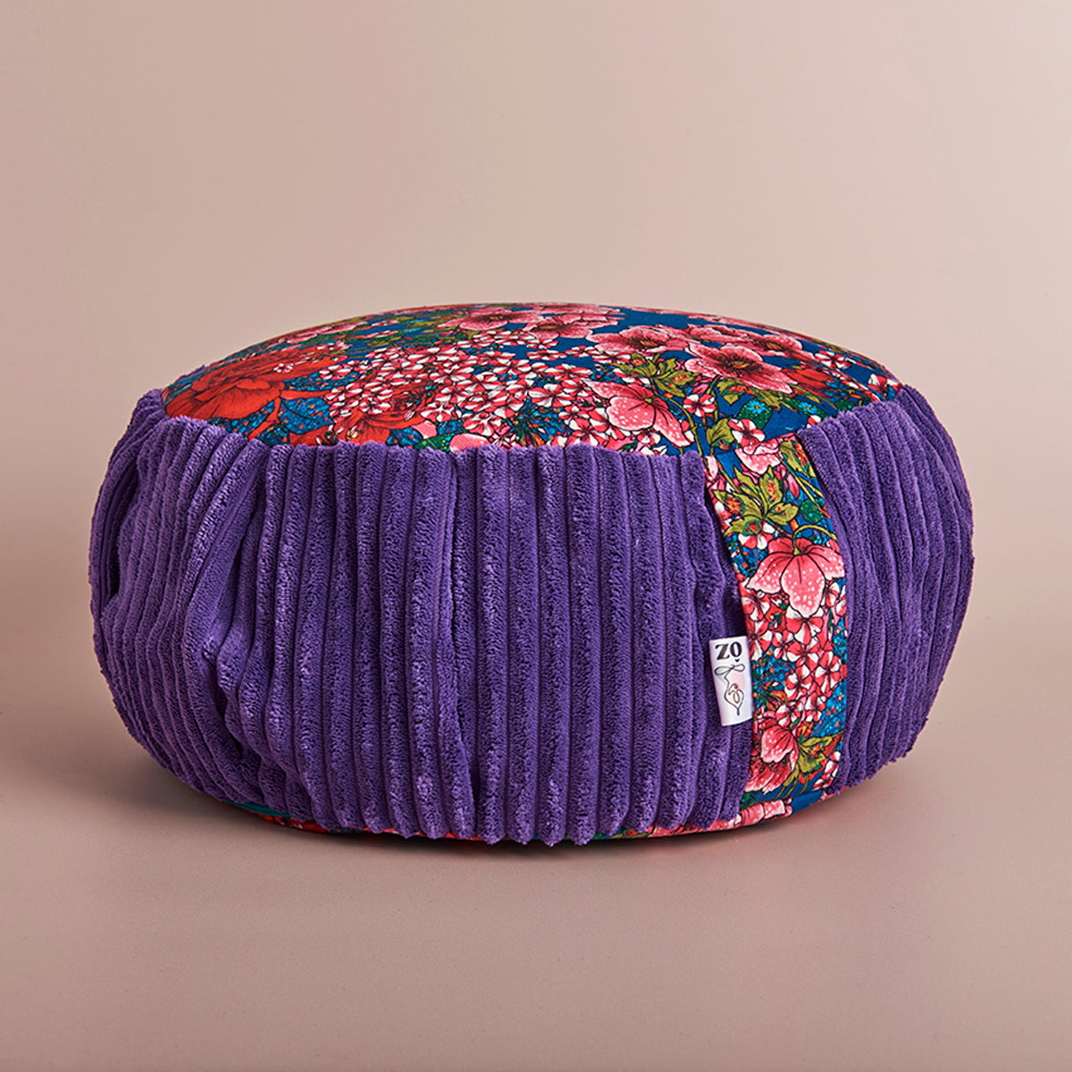 Coussin de méditation eden fleurs fond bleu petroles et contour violet