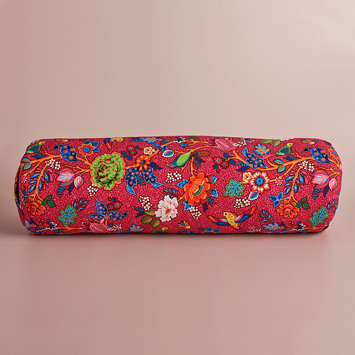 Traversin de yoga bolster bali rose avec des oiseaux et des fleurs multicouleurs 