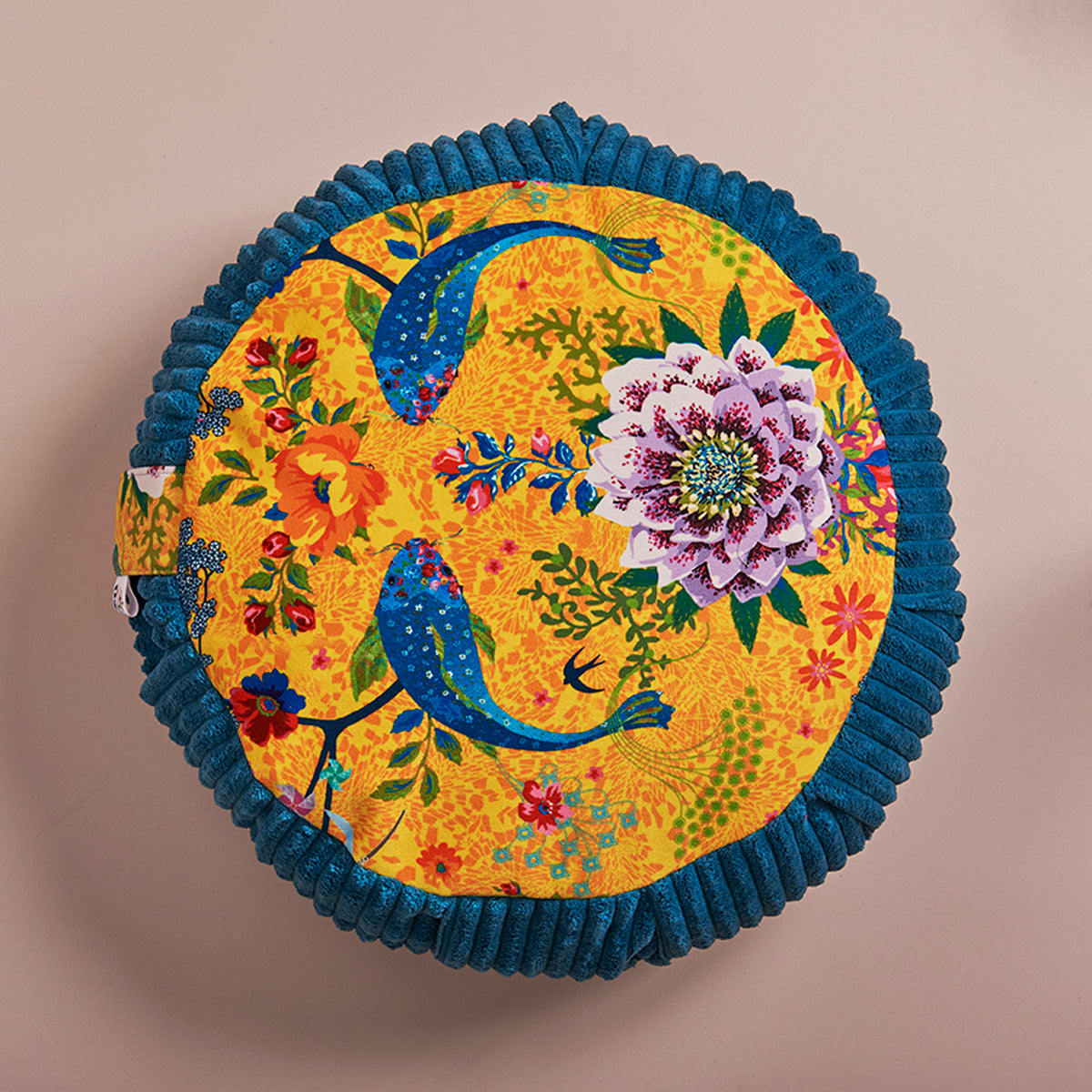 Coussin de méditation zafu lotus fond jaune contour bleu pétrole 